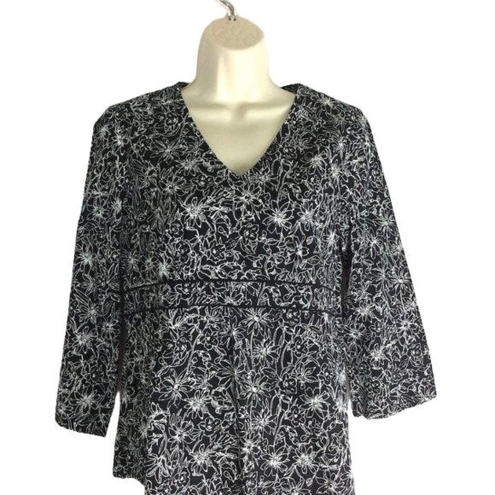 4/$25 Talbots Blouse Black & White 3/4 Sleeve Floral Career Business Womens Sz S